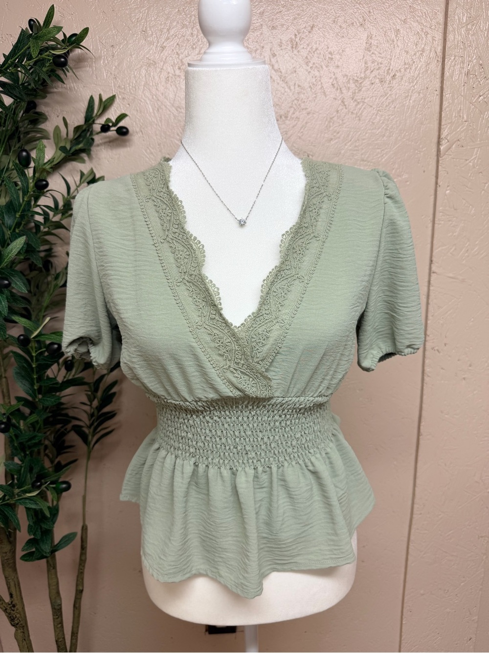 Derek Heart Sage Green Smocked Lace V-Neck Peplum Top
